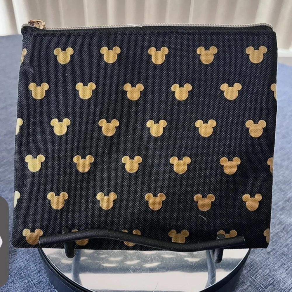 DISNEY MICKEY MOUSE Gold on Black Zipper Pouch Cosmetic Bag NWOT